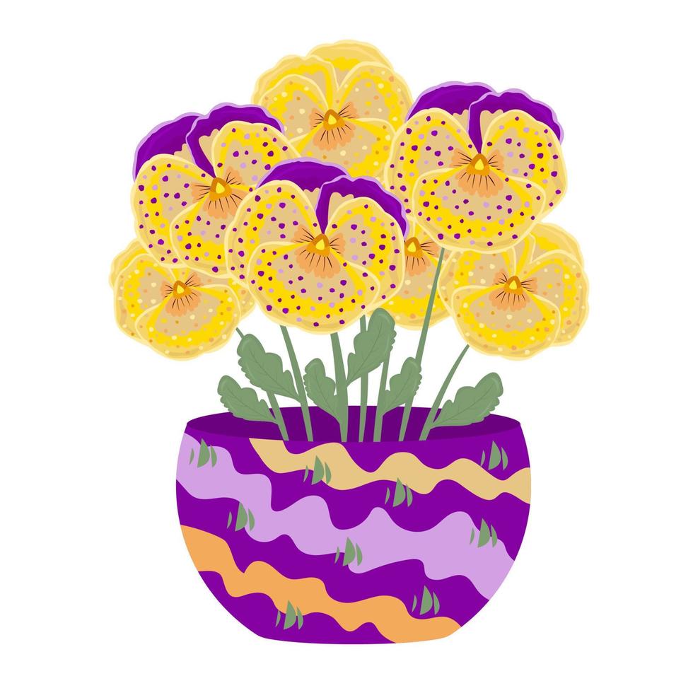 sieben gelbe und violette Stiefmütterchen in einer Vase vektor