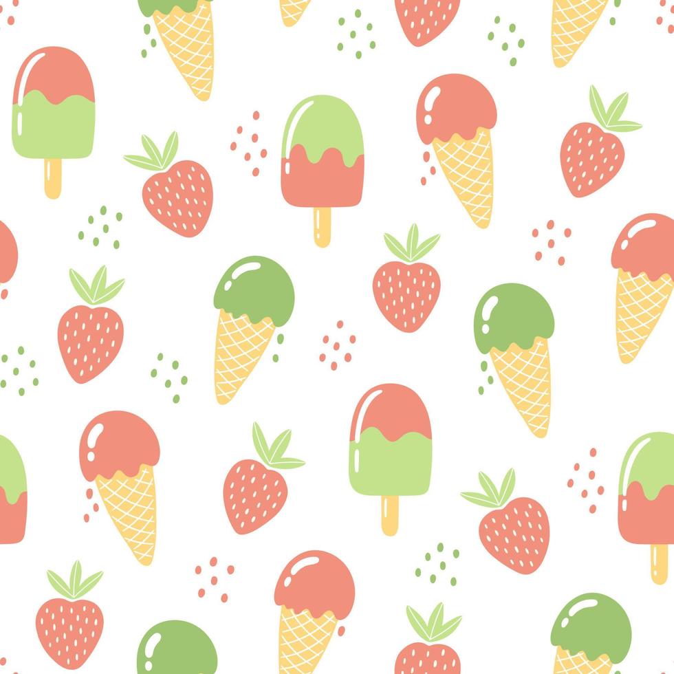 Nahtloses Muster mit Erdbeeren und Eis. Sommerhintergrund in hellen Farben. handgezeichnete trendige vektorillustration für textildesign. vektor