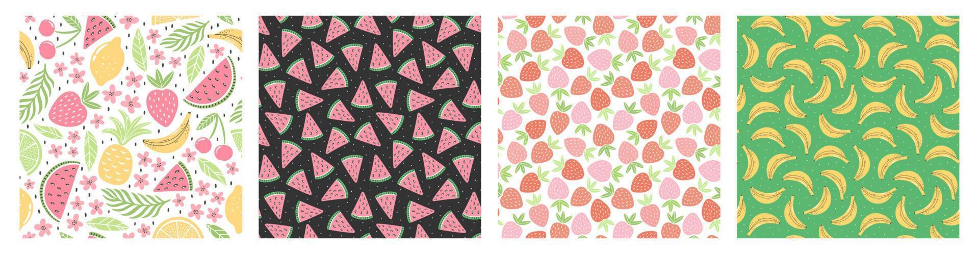 Reihe von nahtlosen Mustern mit bunten Früchten für Textildesign. Sommerhintergrund in hellen Farben. handgezeichnete trendige Vektorgrafiken. vektor