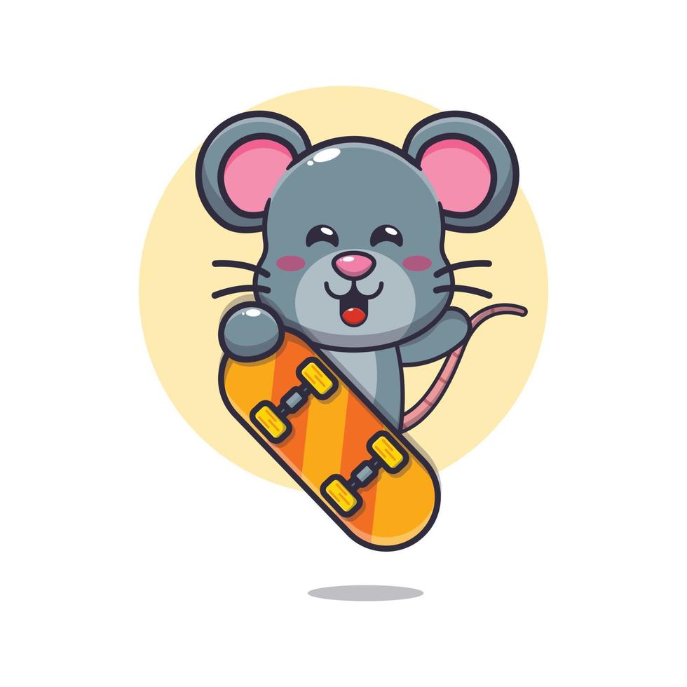 söt mus maskot seriefigur med skateboard vektor