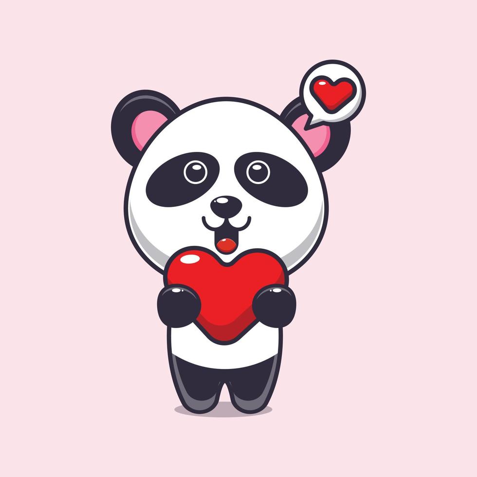 söt panda seriefigur håller kärlekshjärta vektor