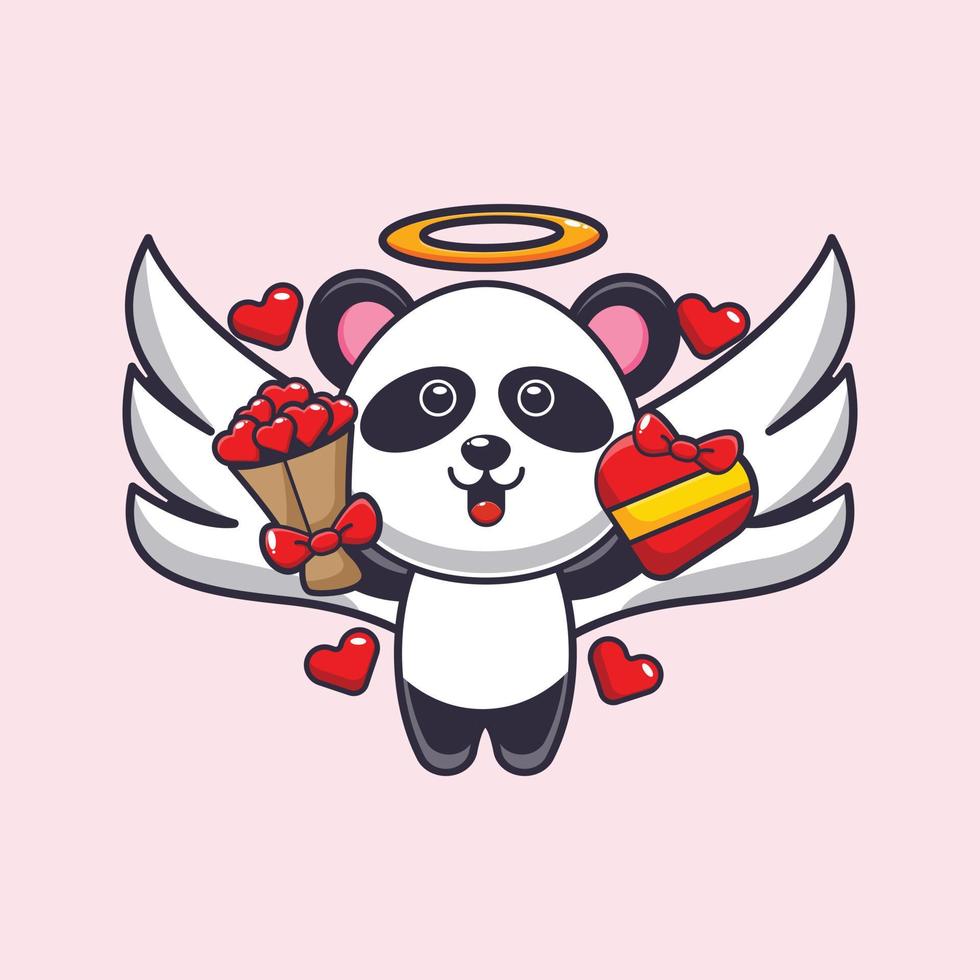 söt panda cupid seriefigur som håller kärleksgåva och kärleksbukett vektor