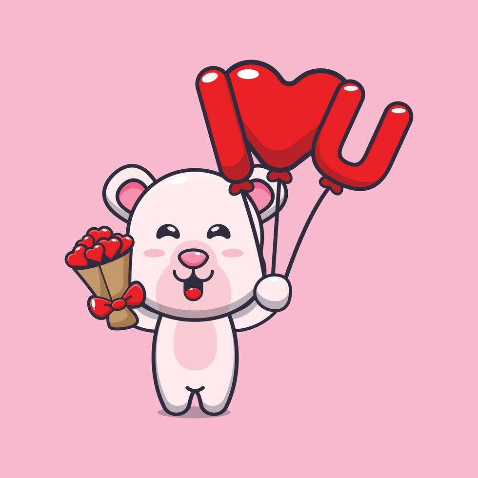 söt isbjörn seriefigur som håller kärleksballong och kärleksblommor vektor