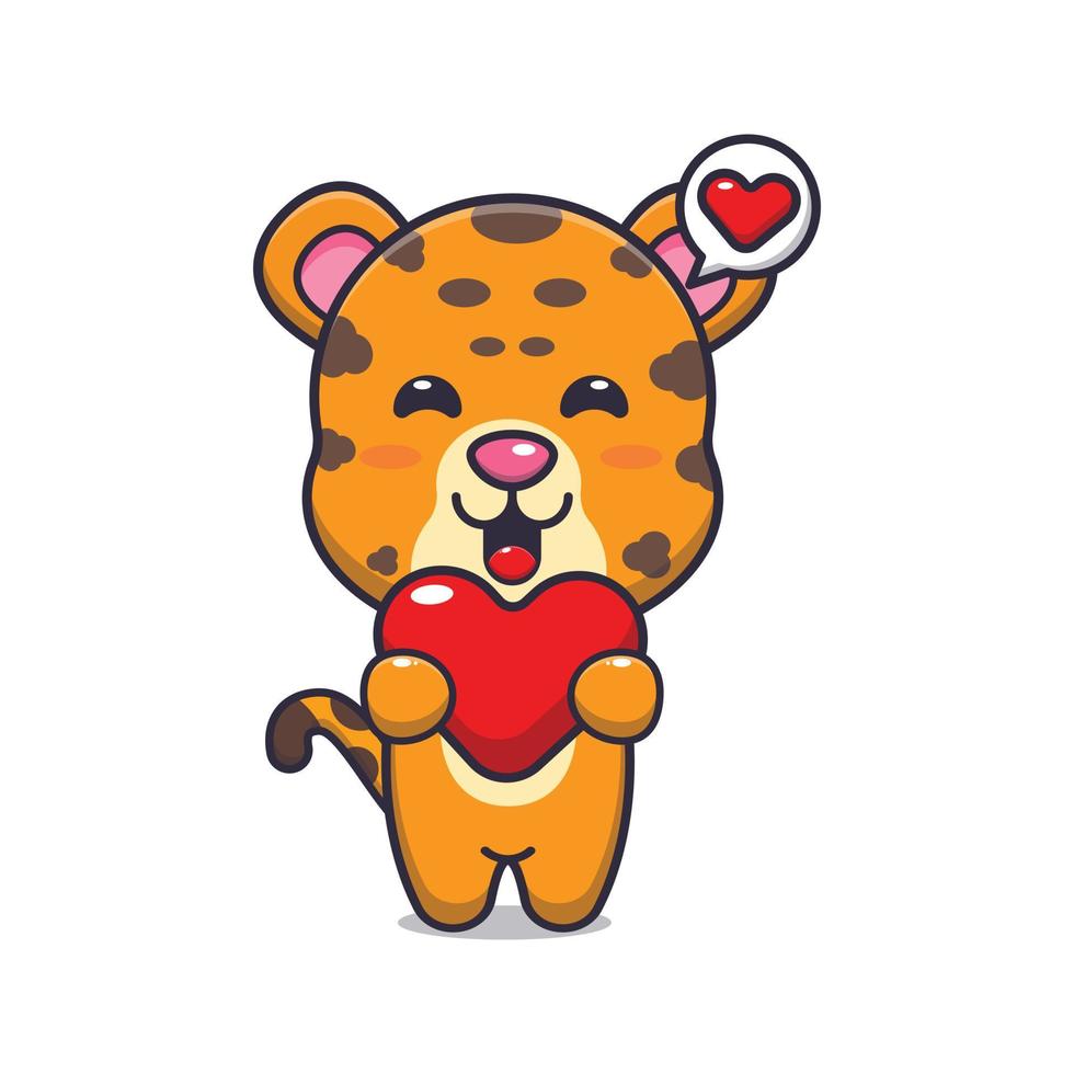 söt leopard seriefigur håller kärlek hjärta vektor