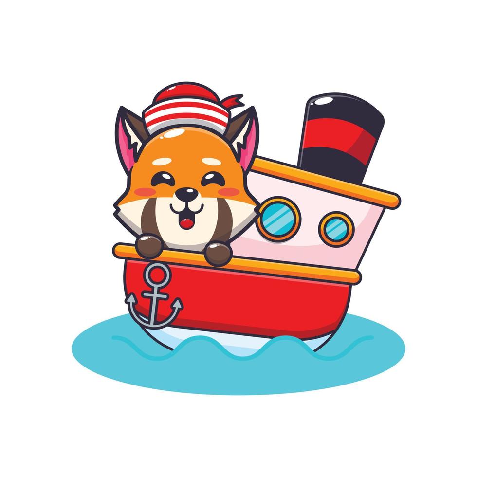 söt röd panda maskot seriefigur på skeppet vektor