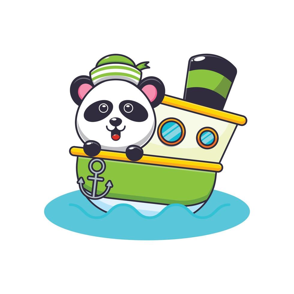 niedliche panda-maskottchen-zeichentrickfigur auf dem schiff vektor