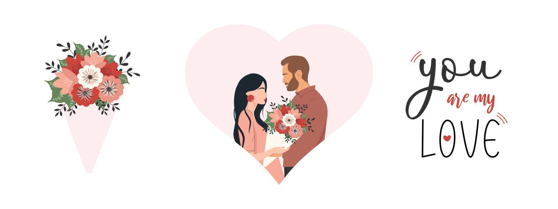 en uppsättning illustrationer på temat kärlek. ett lyckligt förälskat par. blombukett. älskare som firar en romantisk dejt. text. vektor