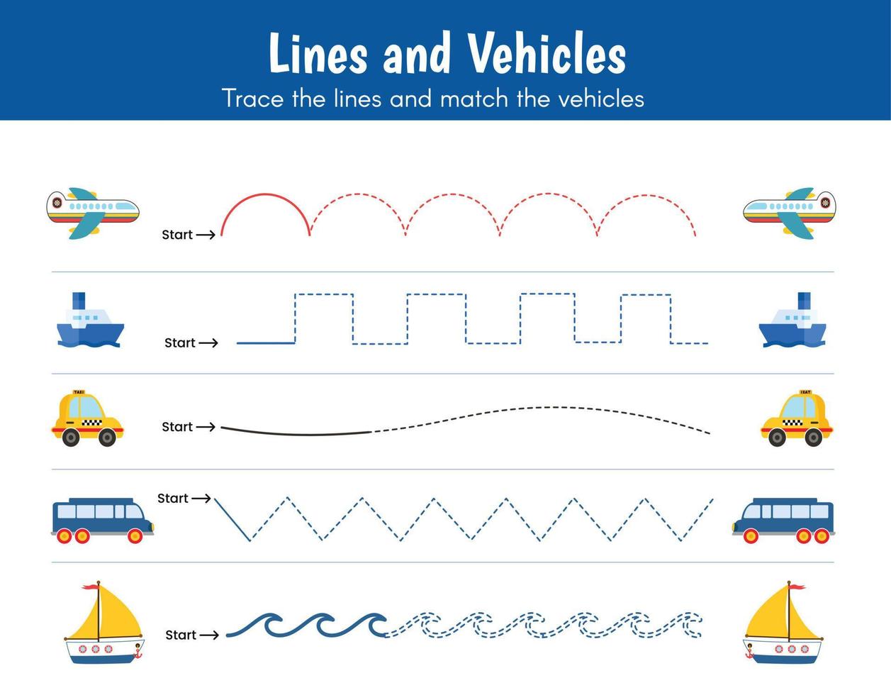 Vorschularbeitsblatt, zeichnen Sie die geschwungenen, zickzackförmigen Wellenlinien nach, die zu den Fahrzeugen passen. Flugzeug, Schiff, Taxi, Bus, Kreuzfahrt. pädagogische Aktivität der Feinmotorik für den Kindergarten. Linien und Fahrzeuge. vektor