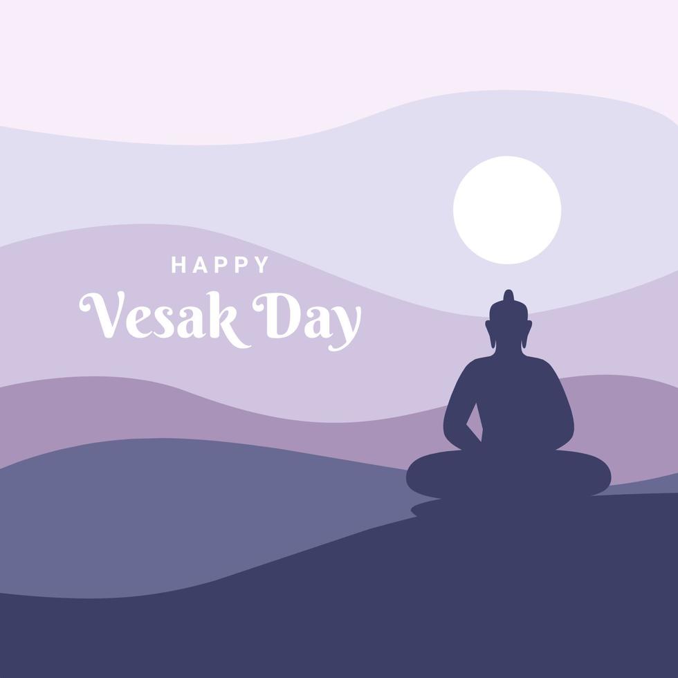 Silhouette eines Meditationsbuddhas auf einem Hügel mit Himmels- und Mondhintergrund, flaches Design, als Vorlage für den Vesak-Tag und den Buddha-Purnima-Tag. Vektor-Illustration. vektor
