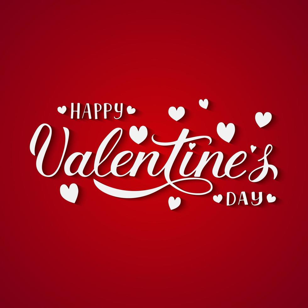 Valentinstag-Grußkarte. happy valentine s day handbeschriftung mit herzen auf rotem hintergrund. vektor