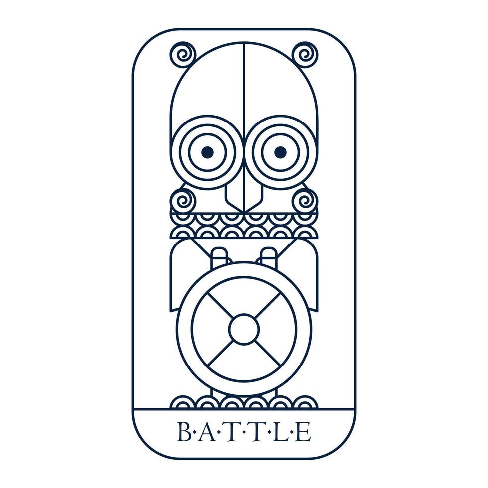 Northern Fantasy Battle Line Art Emblem mit Wikinger-Eulenhelm und Schild und Äxten. vektor