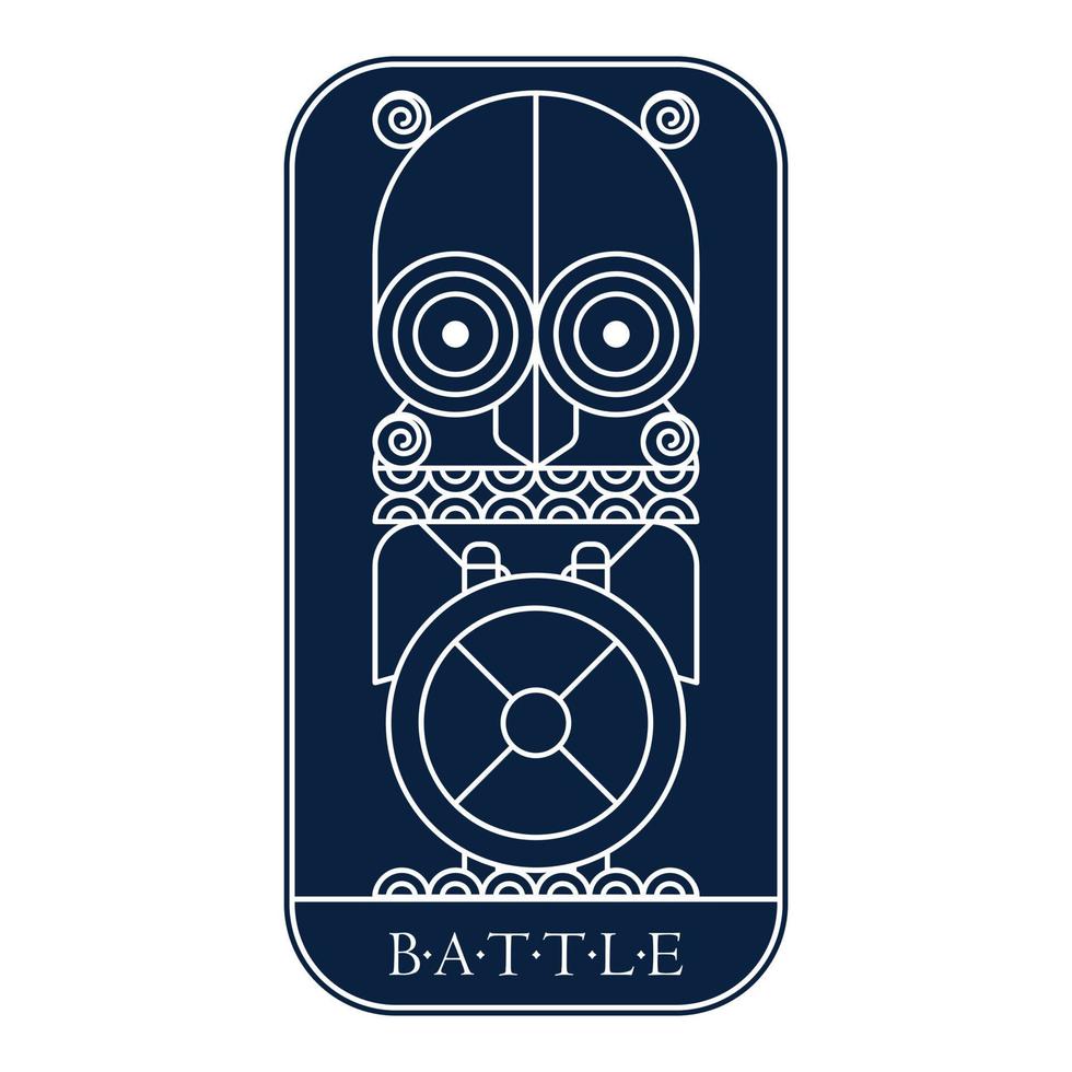 Northern fantasy battle line art mörkblått emblem med hjälm och sköld och yxor. vektor