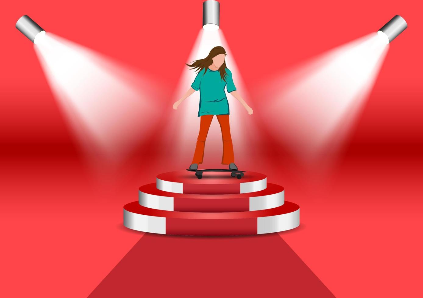Grafikbild Mädchen-Cartoon-Figur, die auf einem Skateboard oder Surf-Skate reitet, das auf dem Podium steht, mit Scheinwerfer-rotem Hintergrund, Vektorgrafik vektor