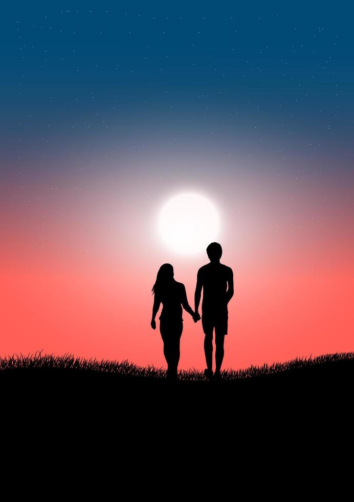 Silhouettenbild Ein paar Männer und Frauen, die auf Gras stehen und den Mond am Himmel bei Nacht betrachten, entwerfen Vektorillustration vektor