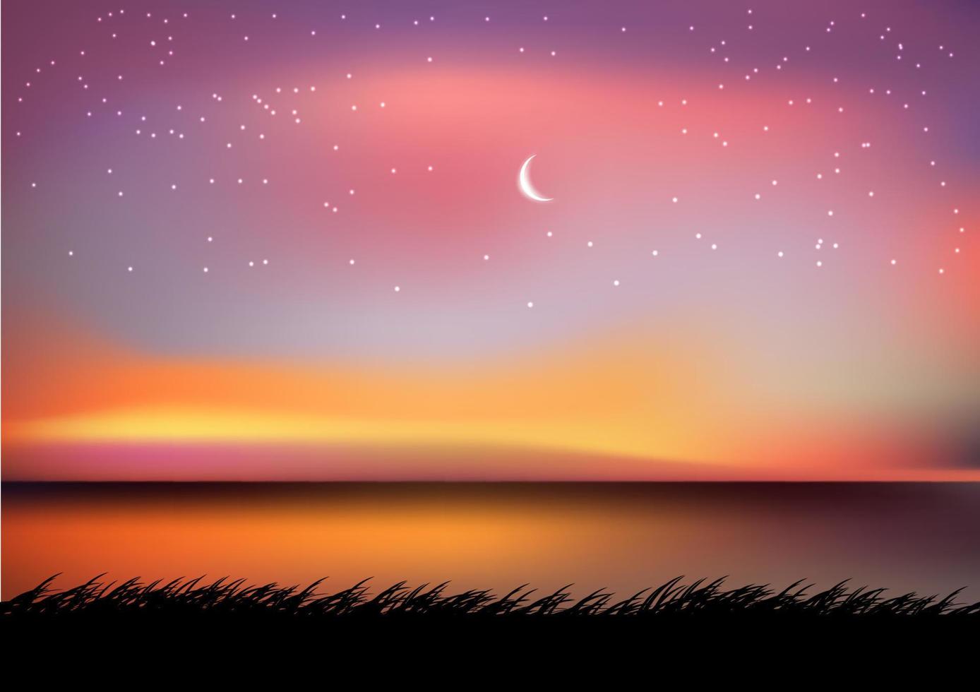 grafik ritning landskap vy utomhus natur måne himmel och stjärna med reservoaren och skymningen siluett med gräs på marken för tapet bakgrund vektor illustration