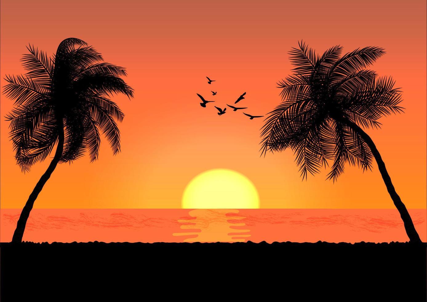 Landschaftsansicht Zeichnung Palme mit Sonnenuntergang oder Sonnenaufgang Hintergrund Vektor Illustration Konzept romantisch