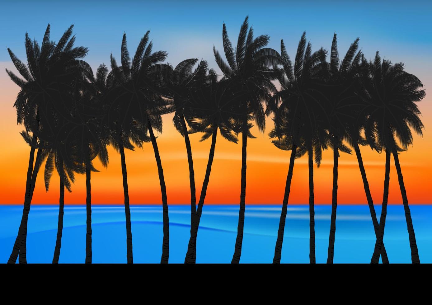 landskapsvy ritning havsnatur med palmträd och skymning efter solnedgång bakgrund vektorillustration vektor