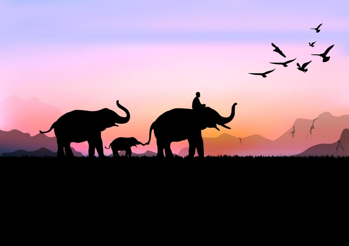Silhouettenbild Schwarzer Elefant mit Elefanten-Mahout, der im Wald mit Berg- und Sonnenuntergangshintergrund abendlicher Lichtvektorillustration spazieren geht vektor
