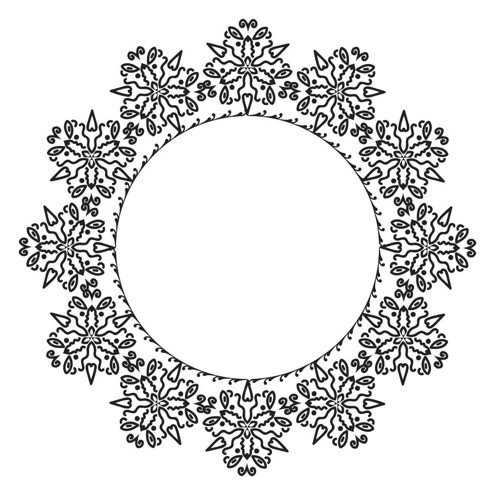 genombruten rund ram. prydnad med lockar i form av en cirkel. svartvitt. arabesque för dekoration av kort och inbjudningar. vektor