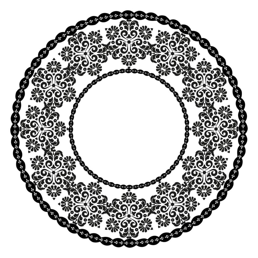 rundes schwarzes Ornament. Für die Gestaltung von Rahmen, Speisekarten, Hochzeitseinladungen oder Etiketten, für Laserschneiden, Erstellen von Mustern in Holz, Intarsien. digitale Grafiken. Schwarz und weiß. vektor