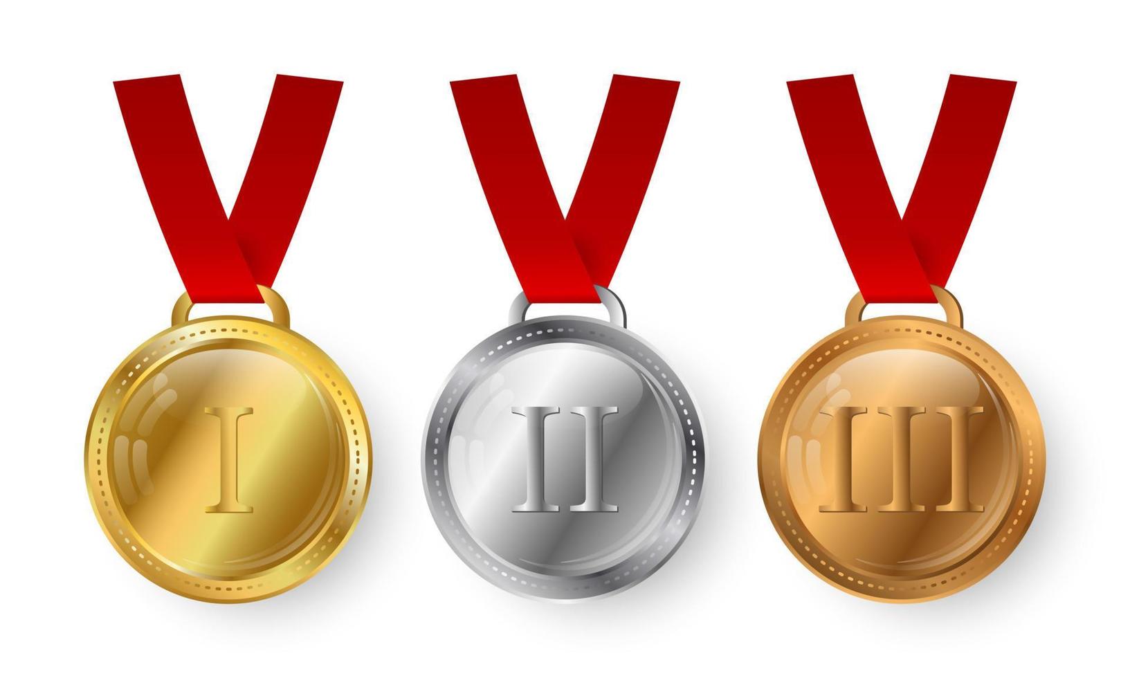 realistiska sportmedaljer isolerad på vit bakgrund set. guld-, silver- och bronsmetallmedalj. vektor utmärkelser för vinnare eller mästare.