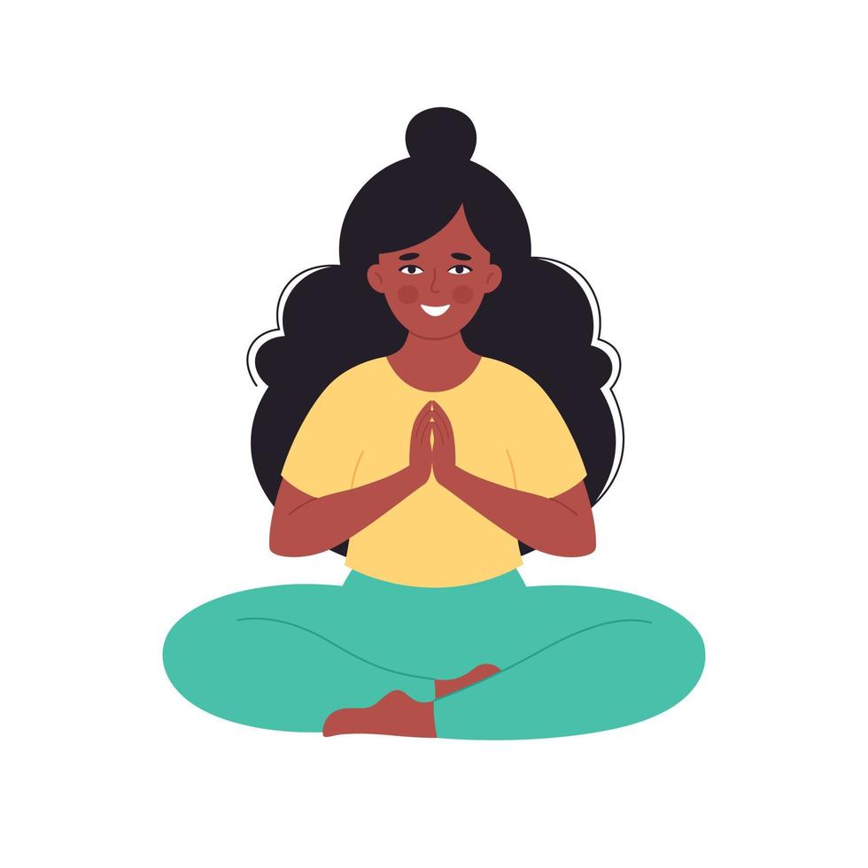 svart kvinna mediterar i lotusställning. hälsosam livsstil, yoga, slappna av, andningsträning. vektor