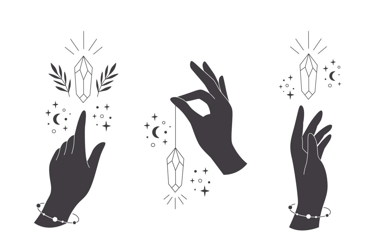 Hand mit Kristall. mystischer, esoterischer, magischer oder heilender Kristall. vektor