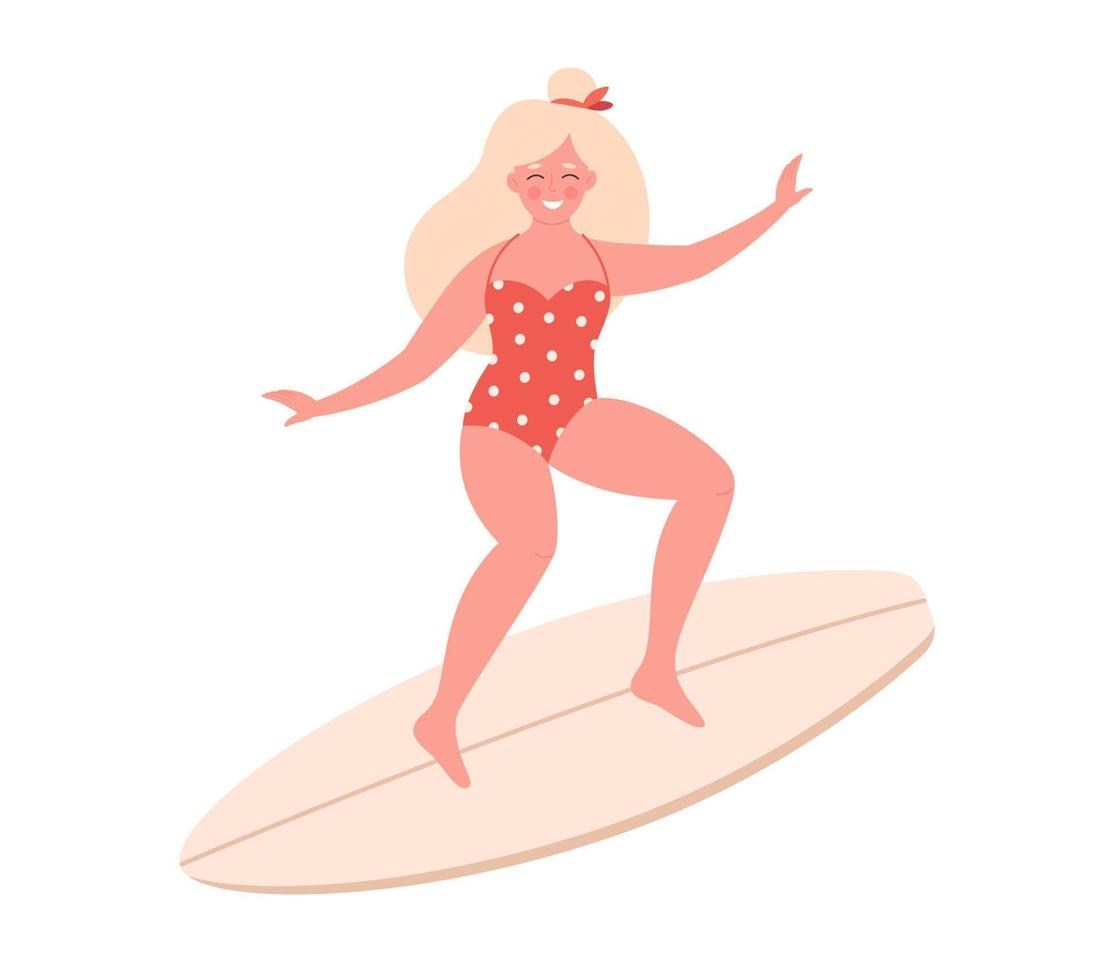 Frau mit Surfbrett. sommeraktivität, sommerzeit, surfen. Hallo Sommer. Sommerurlaub. vektor