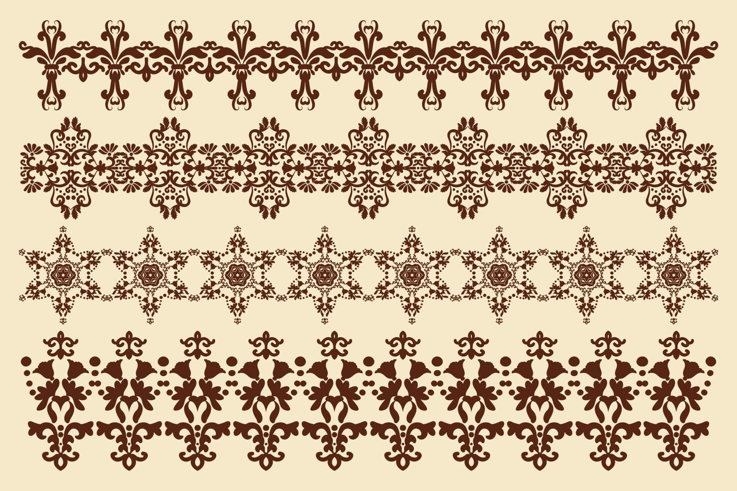 gemusterte Bordüren mit floralen Elementen. Reihe von Ornamenten im Vintage-Stil. Gestaltungselement. Computergrafik. vektor