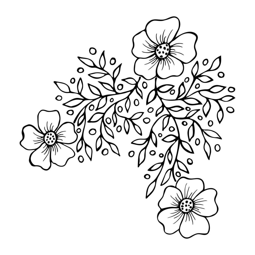 Skizze süße Sakura-Zweighand gezeichnet. schwarze Blumenumrisse auf weißem Hintergrund für Malbuchseite. Vektorblumen mit Blättern im Doodle-Stil. vektor