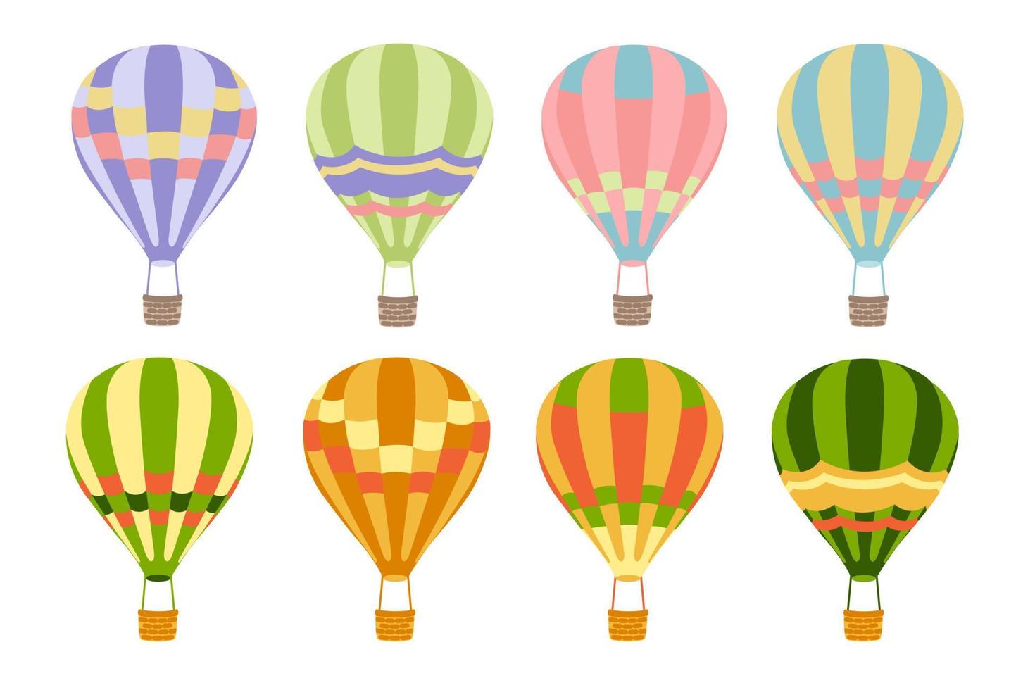 Stellen Sie verschiedene farbige Luftballons im flachen Stil auf weißem Hintergrund ein. die Sammlung von Heißluftballons. Cartoon-Stil. isoliertes Objekt. designkonzept, vorlage, element. vektor