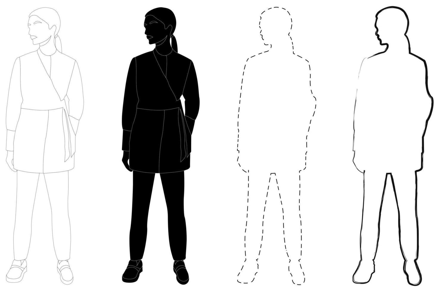 Skizzieren Sie den Umriss der Silhouette eines Mädchens in einem modischen Anzug. Doodle Schwarz-Weiß-Strichzeichnung. vektor