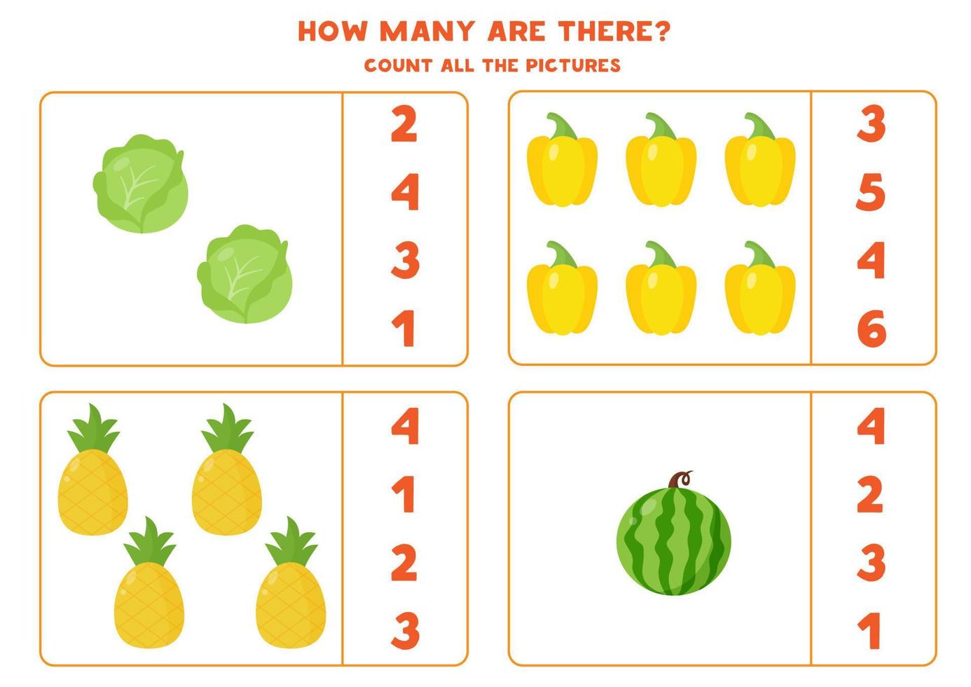 räknespel med tecknade frukter och grönsaker. pedagogiskt arbetsblad. vektor