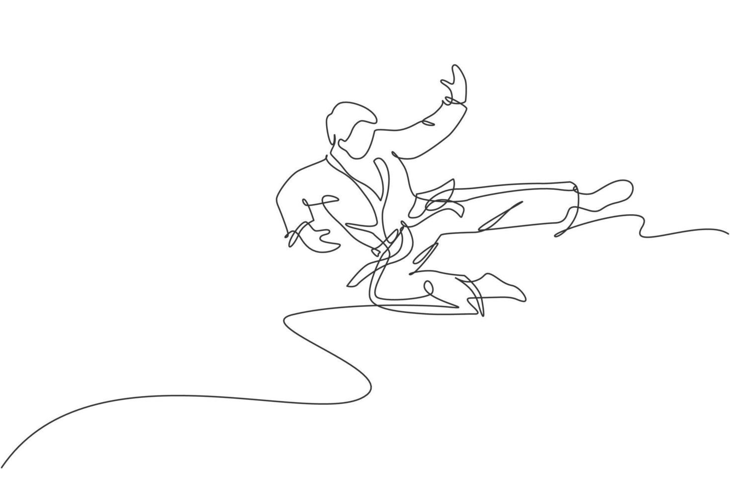 einzelne durchgehende Linienzeichnung eines jungen, selbstbewussten Karateka-Mannes im Kimono, der Karate-Kampf im Dojo übt. Kampfsport-Trainingskonzept. trendige einzeilige zeichnen design vektorgrafik illustration vektor