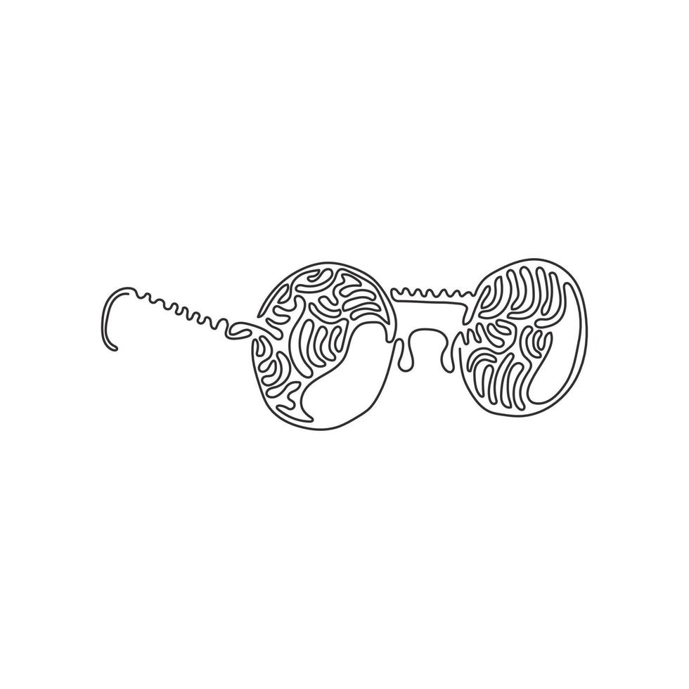 Vintage-Brille mit durchgehender Strichzeichnung. runde Brille mit schwarzem Rand. Seite der Kurzsichtigkeitsbrille, runder Rahmen, mit schwarzen Brillenbeinen. Swirl-Curl-Stil. eine linie zeichnen grafikdesignvektor vektor