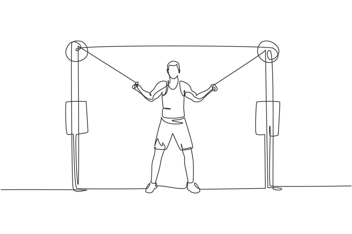 en enda linjeritning av ung energisk man träning med cross over kabel i gym fitnesscenter vektor illustration grafik. hälsosam livsstil sport koncept. modern kontinuerlig linjeritningsdesign