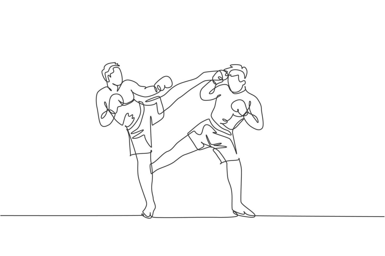 Eine einzige Strichzeichnung eines jungen, energischen Kickboxers übt Sparringskampf mit einem Partner in der Vektorillustration der Boxarena. gesundes lebensstil-sportkonzept. modernes Design mit durchgehender Linie vektor