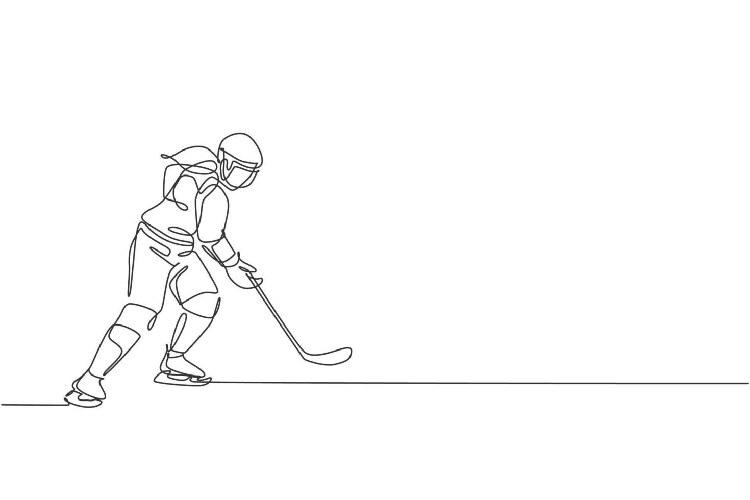 en kontinuerlig linjeritning av unga professionella ishockeyspelare som tränar och övar på en ishall. hälsosam extrem sport koncept. dynamisk enda rad rita design vektorillustration vektor