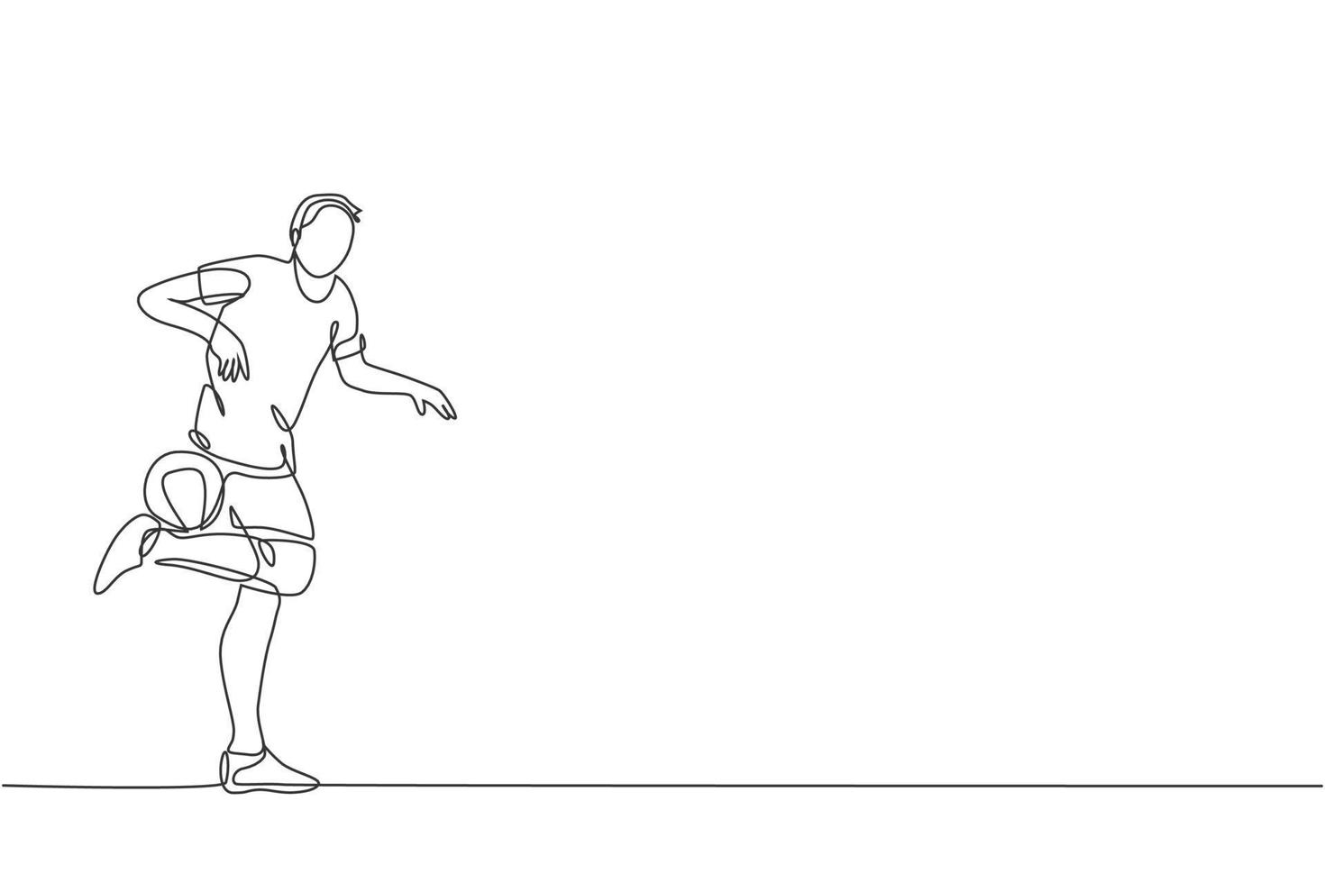 eine durchgehende Strichzeichnung des jungen sportlichen Fußball-Freestyler-Spielers, der den Ball mit der Wade auf der Straße hält. Fußball-Freestyle-Sportkonzept. einzeiliges zeichnen design vektorillustration vektor