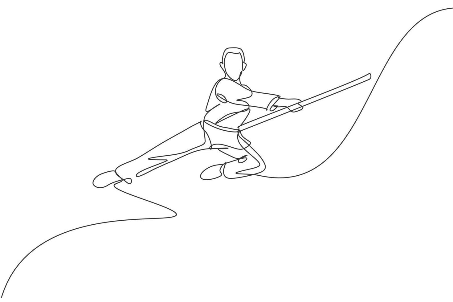 en kontinuerlig linjeteckning av wushu mästare man hoppar, kung fu krigare i kimono med lång stav på träning. kampsport sport tävling koncept. dynamisk enda rad rita design vektorillustration vektor