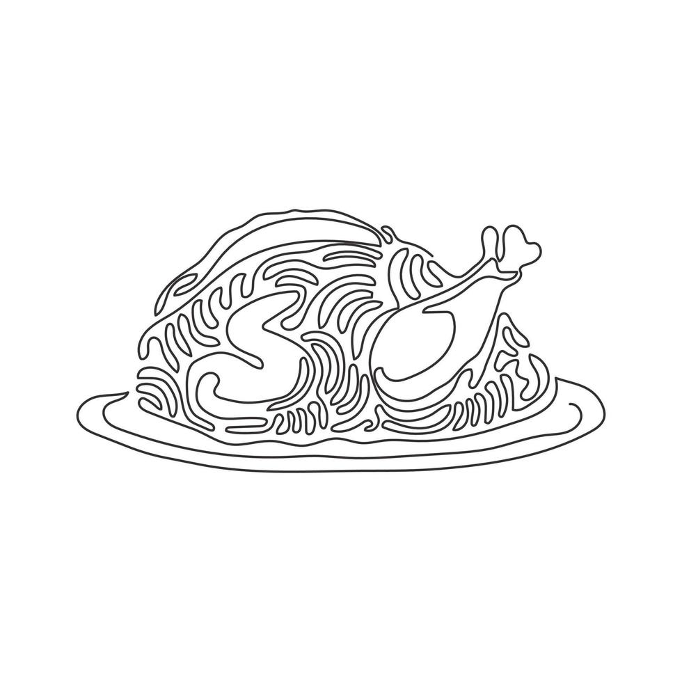 einzelne einstrichzeichnung huhn gebraten auf platte. gebratenes Geflügelschild. leckeres Essen für Galadinner oder Thanksgiving. Swirl-Curl-Stil. moderne grafische vektorillustration des ununterbrochenen zeichnendesigns vektor