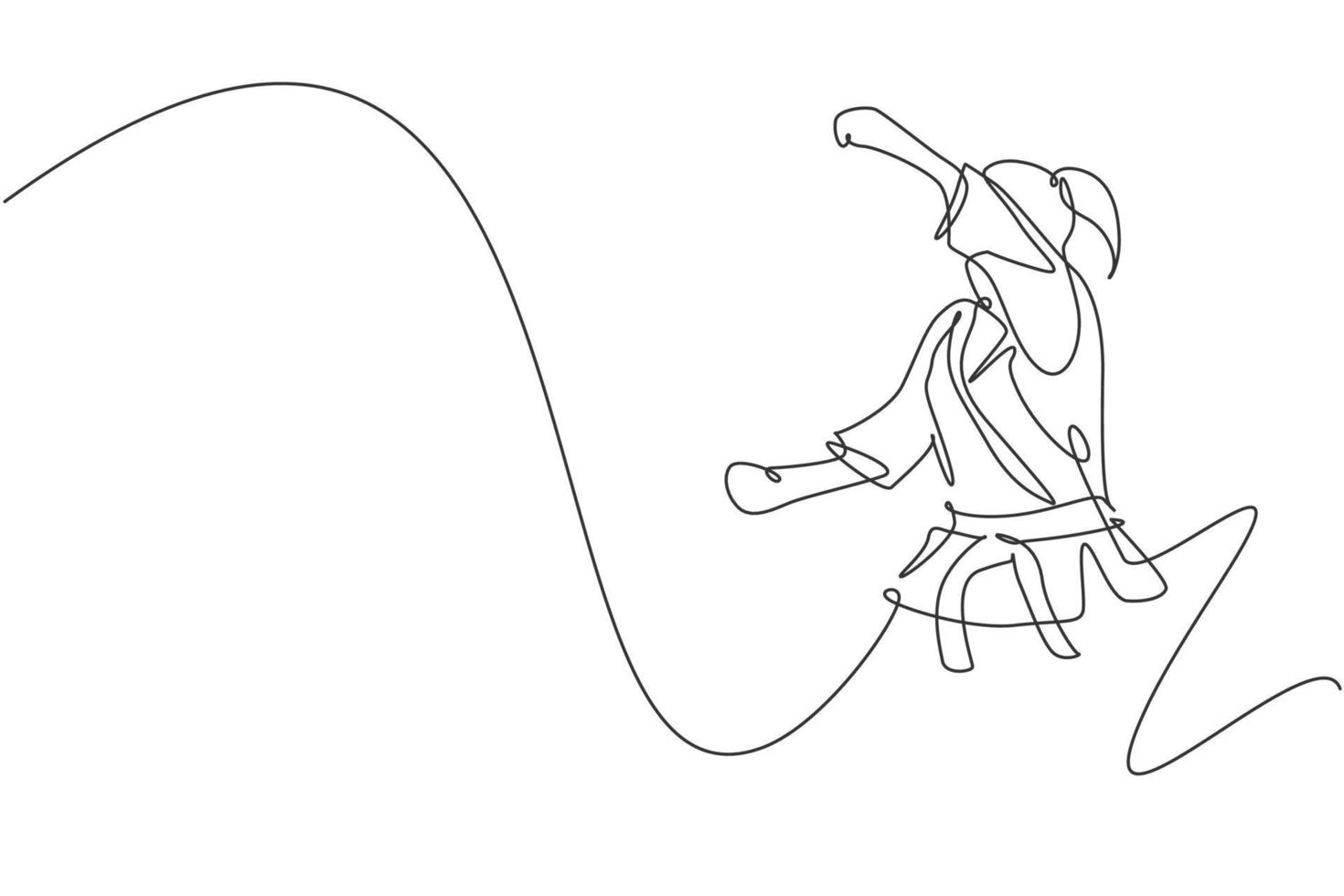 en kontinuerlig linjeteckning av en ung begåvad karateka-tjej som tåget poserar för duellstrider på dojogym. bemästra kampsportkonceptet. dynamisk enda rad rita design vektorillustration vektor