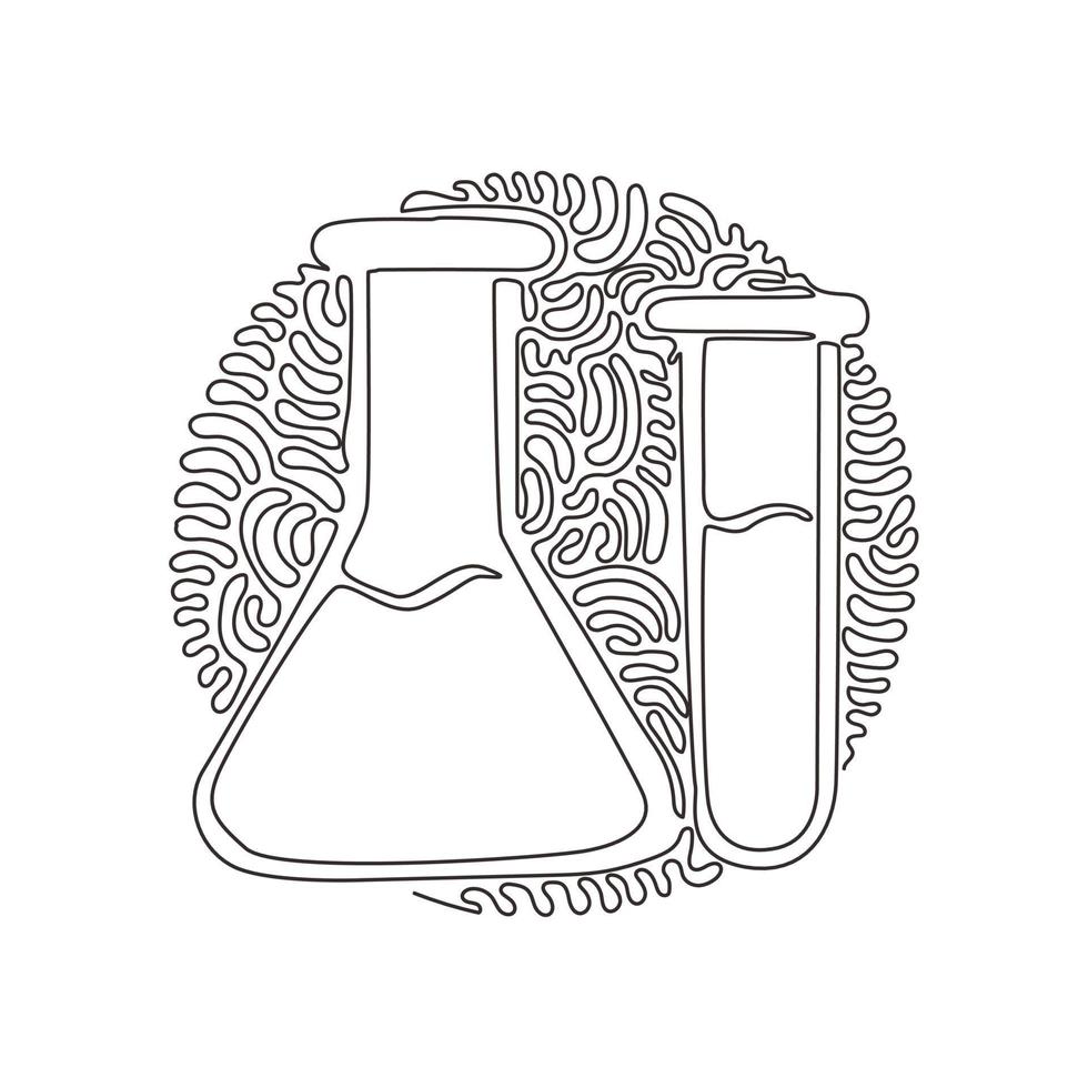 kontinuerlig en rad ritning kemi laboratorieglas. graderat labbrör, bägare, kolv. utrustning för kemisk testning. swirl curl cirkel bakgrundsstil. en rad rita design vektorgrafik vektor