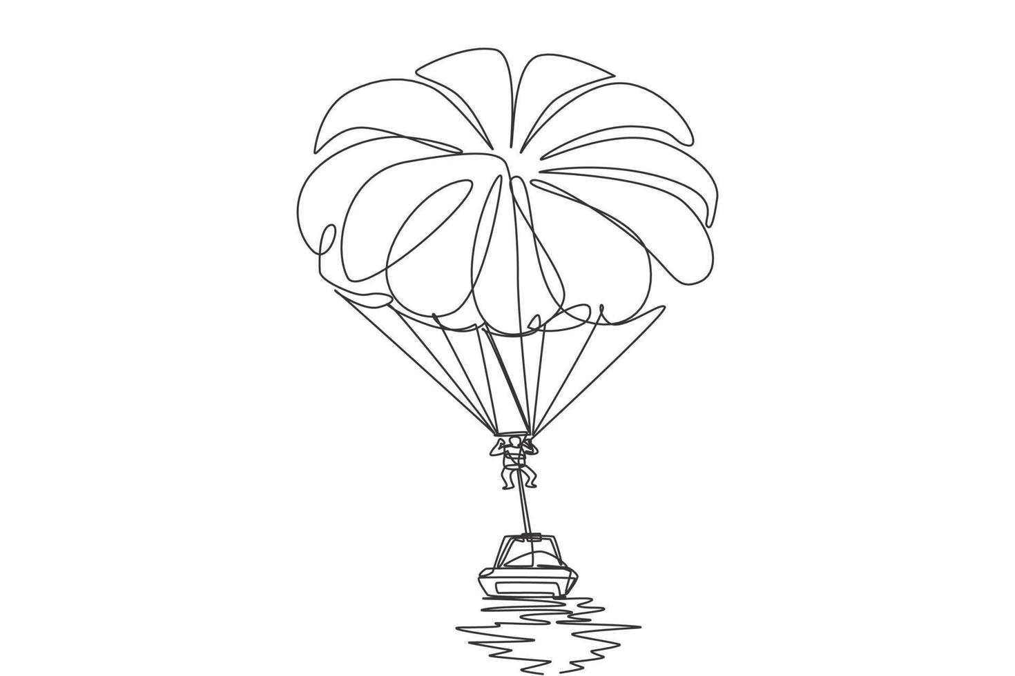 eine durchgehende Strichzeichnung eines jungen tapferen Mannes, der mit einem Parasailing-Fallschirm hinter einem Boot in den Himmel fliegt. gefährliches extremsportkonzept im freien. dynamische einzeilige Zeichnungsdesign-Vektorillustration vektor