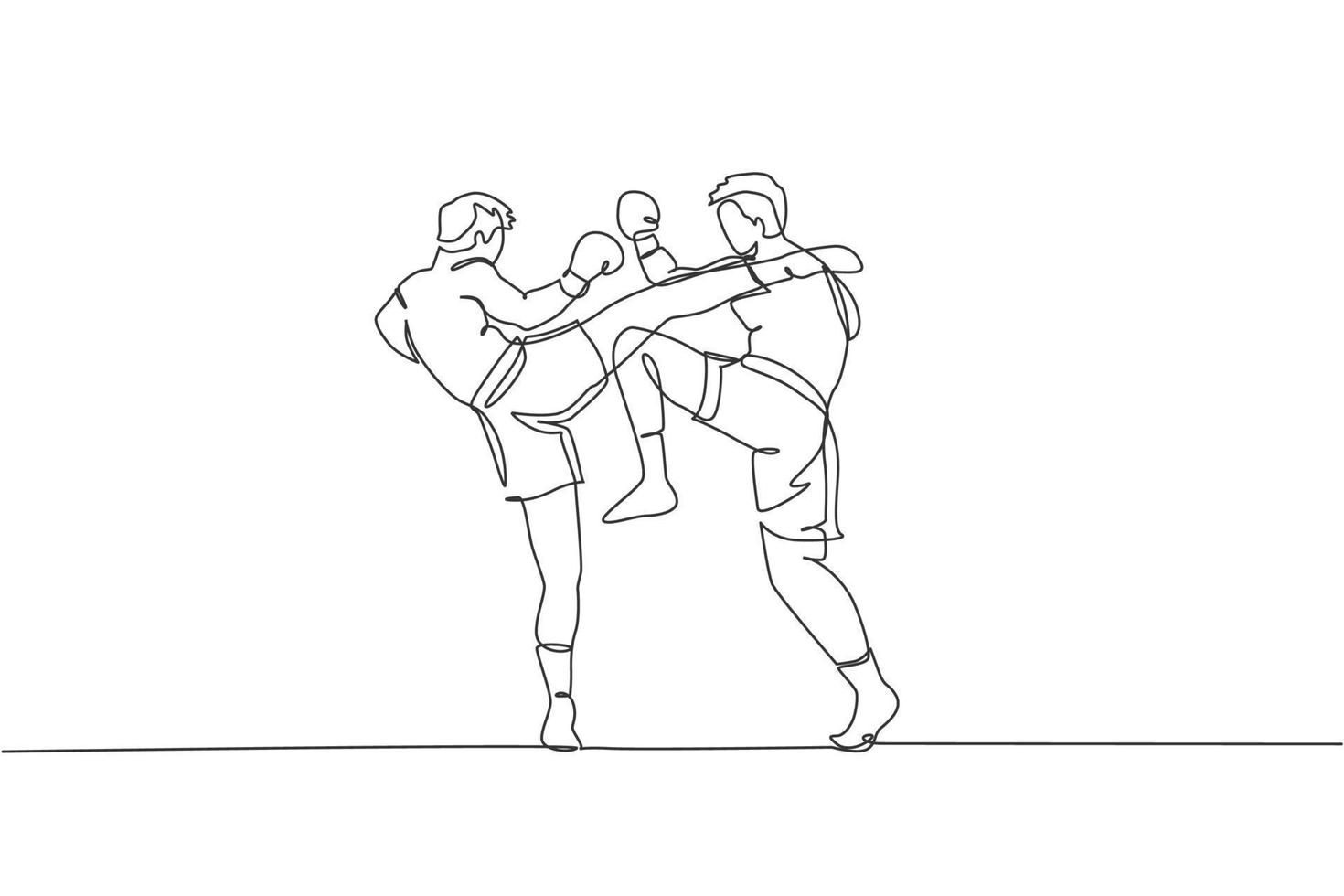 einzelne durchgehende Linienzeichnung von zwei jungen sportlichen Männern trainieren gemeinsam Sparring-Thai-Boxen im Fitnessstudio. kämpferisches muay thai sportkonzept. trendige einzeilige zeichnen design-vektorillustration vektor