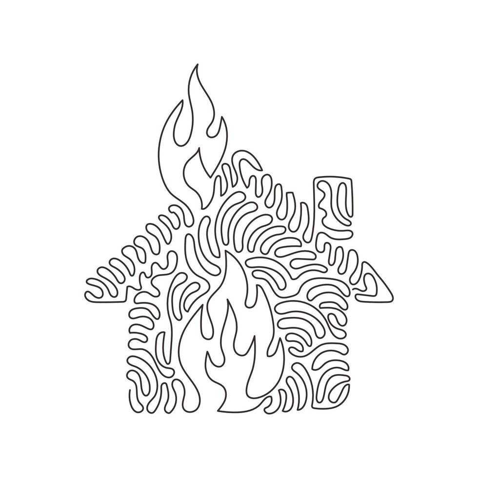 Symbol für eine einzelne Linie mit Feuerlinie. Hausbau in Flammen. versicherungssymbol aus finanzieller sicherheit, sicherheit, schaden. Swirl-Curl-Stil. ununterbrochene Linie zeichnen grafische Vektorillustration des Designs vektor