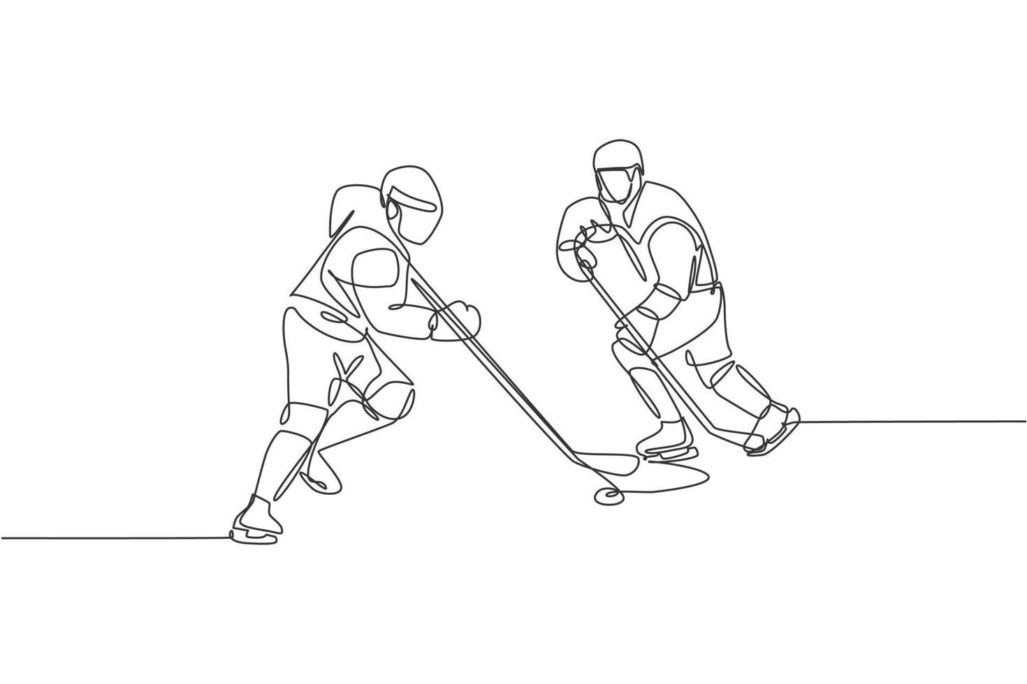 en enda linjeteckning av två unga ishockeyspelare i aktion för att spela konkurrenskraftigt spel på ishallstadion vektorgrafisk illustration. sport turnering koncept. modern kontinuerlig linjeritningsdesign vektor