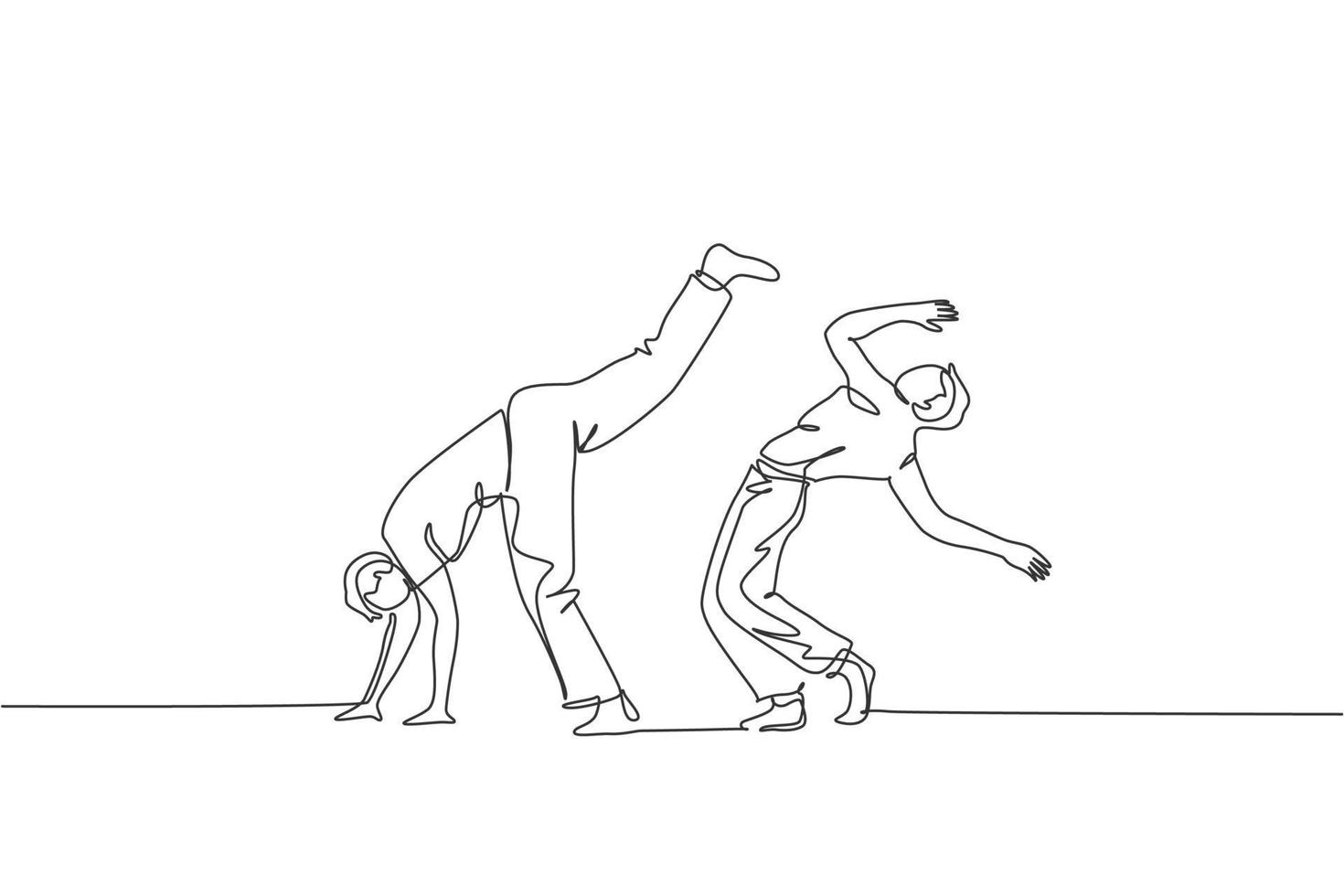 en enda linjeteckning av två unga energiska man capoeira dansare utför dans kamp vektorillustration. traditionell kampsport livsstil sport koncept. modern kontinuerlig linjeritningsdesign vektor
