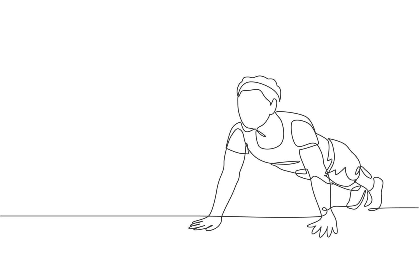 en kontinuerlig linjeteckning av ung sportig man som tränar push up i gymklubbcentret. hälsosam fitness sport koncept. dynamisk enda rad rita design vektorgrafisk illustration vektor