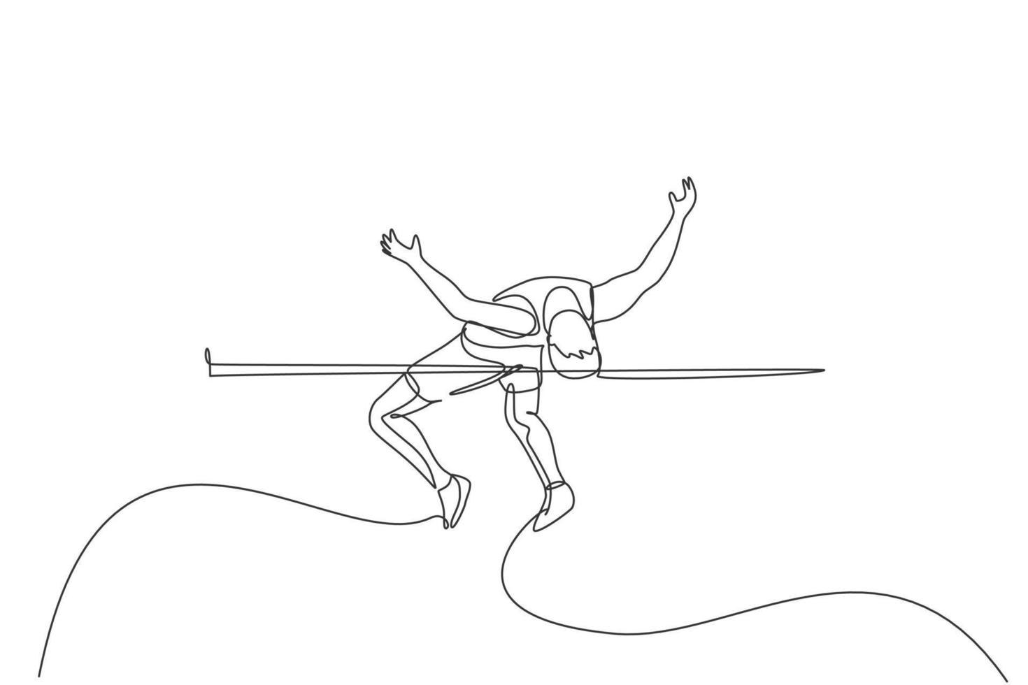 en kontinuerlig linjeteckning av ung sportig man som övar pass genom stången i höjdhoppsspel. hälsosam atletisk sport koncept. mästerskapsevenemang. enkel rad rita design vektorillustration vektor